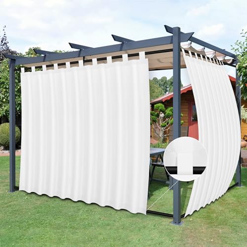 Easy-Going Outdoor Patio Curtains Detachable Tab Top Windproof Weatherproof Curtain for Cabana, Porch, Pergola and Gazebo, Tab Bottom Drape, 2 Panels, 110W x 108L inch, White