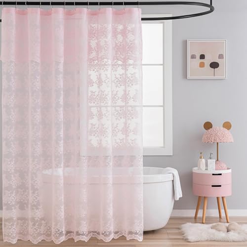 TUDECO Pink Shower Curtain - Shabby Chic Lace Spring Bathroom Curtain with Attach Valance, Cute Sheer Vintage Coquette Floral Girly Shower Curtain, Scalloped Edge Top, 72 x 72 Inch, Light Pink