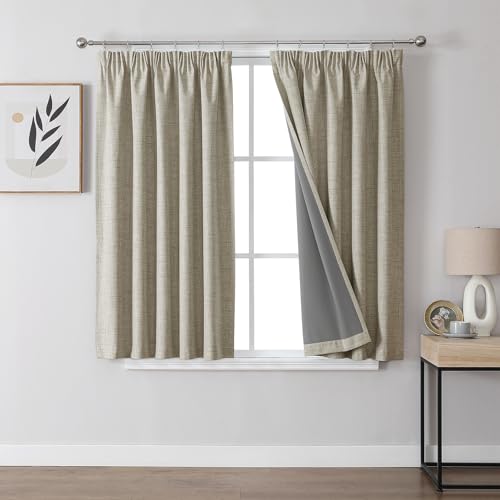 Joydeco 100% Blackout Curtains, Linen Curtains with Ruffle Tape, Thermal Curtain, Cold Protection, Opaque, Sound Protection, Ideal for Living Room, Fits Rail Systems, Linen, H 137 x W 117 cm, Set of 2