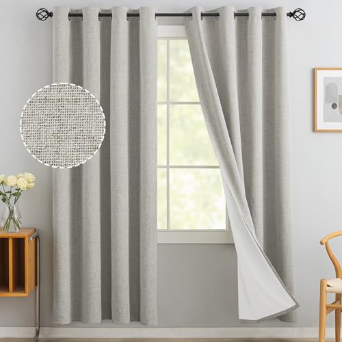Yakamok Oatmeal Linen Blackout Curtains 72 Inches Long, Room Darkening Textured for Living Room, Thermal Grommet Bedroom 2 Panels With White Liner