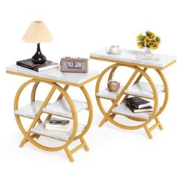 LITTLE TREE End Table Set of 2, 4-Tier Narrow Faux Marble Side Table with Large Storage Space, Modern Nightatsnd and Bedside Table for Living Room, Home Office, Bedroom, White and Gold