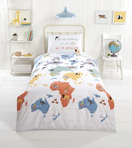 Rapport Home Furnishings Kids' Sustainable Single Bedding Set - Children's World Map Geographical Single Duvet Cover Set, Eco-Friendly Reversible Easy Care Quilt Cover (135 x 200 cm)