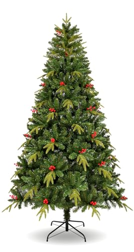 Uten Artificial 7.5ft Christmas Tree, with Realistic PE Leaves Indoor Home Xmas Tree Decoration, 1150 Natural Looking PE & PVC Tips, 37 Groups Red Berries, Hinged Branches, Metal Stand, Reusable