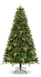 Uten Artificial 7.5ft Christmas Tree, with Realistic PE Leaves Indoor Home Xmas Tree Decoration, 1150 Natural Looking PE & PVC Tips, 37 Groups Red Berries, Hinged Branches, Metal Stand, Reusable