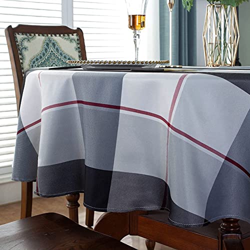 "SASTYBALE Round Tablecloth, 60"" Checkered Table Cloth, Grey - Plaid Style, Polyester, Dust-Proof, Wrinkle Resistant, Heavy Weight Table Cover for Kitchen Dinning"
