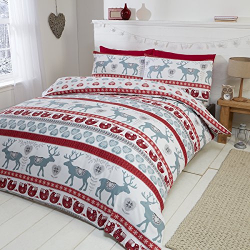 Scandi 100% Brushed Cotton Flannelette Quilt Duvet Cover and 2 Pillowcase Bedding Bed Set, Red/Multi-Colour, Super King