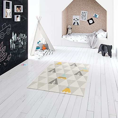 BALTA Children's Rug, Rectangular Short Pile Rug, Ideal for Children's Room, Playroom, Easy Care, Dirt-Repellent Rug, Teepee, 100% Polypropylene, 120 x 170 cm, Beige - Grey