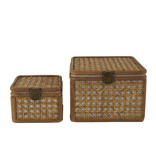 "Deco 79 Rattan Handmade Decorative Box Woven Rattan Decorative Keepsake Boxes with Bronze Latches, Set of 2 Storage Boxes 7"", 5""W, Brown"