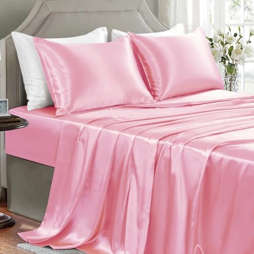 GOLAL Light Pink Satin Sheets Queen Size - 4 Pieces Silky Soft Bed Sheets - OEKO-TEX Certified Luxury Wrinkle-Free Silky Soft Sheets Friendly for Hair and Skin,Designed for Elegant Bedroom Decor
