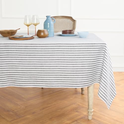 Solino Home 100% Pure Linen Tablecloth, 60 x 108 in, Grey and White Striped - Amalfi Stripe, protects and styles the table for daily use, woven stripe, European flax fibres, soft, OEKO-TEX Certified