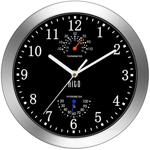 HITO Silent Wall Clock Non Ticking 10 inch Excellent Accurate Sweep Movement Silver Aluminum Frame Glass Cover, Decorative for Kitchen, Living Room, Bedroom, Bathroom, Bedroom, Office (Black)