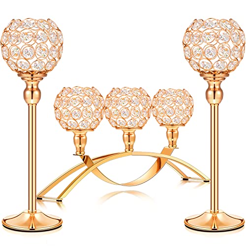 Set of 3 Pieces Gold Crystal Candle Holders, Tealight Candlestick Candelabra Stand with 3 Arms, Decorative Table Centerpieces Fireplace Home Living Room Decor for Wedding Housewarming Anniversary