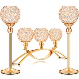 Set of 3 Pieces Gold Crystal Candle Holders, Tealight Candlestick Candelabra Stand with 3 Arms, Decorative Table Centerpieces Fireplace Home Living Room Decor for Wedding Housewarming Anniversary