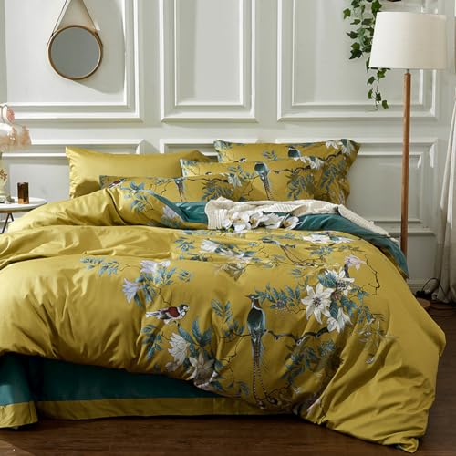 mixinni Garden Style Cotton Floral Birds Printed Gold Reversible Peacock Blue 3 Piece Duvet Cover Set with Zipper Perfect for Him and Her