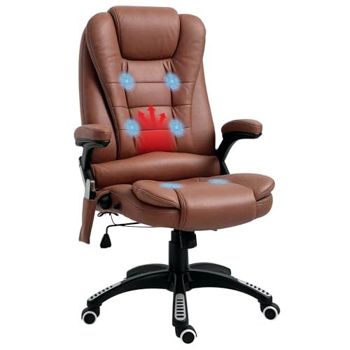 Vinsetto Massage Office Chair with Lumbar Heating, Microfiber Cloth Executive Computer Desk Chair with High and Reclining Back, Tilt Function, Adjustable Height, Padded Armrests, Brown