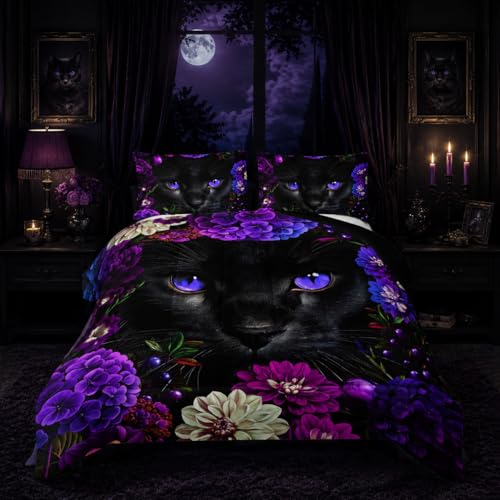 Nttopship Kids Cartoon Cat Comforter Bedding Set Queen,Floral Black Cat Bedding Set 3 Piece for Teens Kids Boys Girls Adults Animals Print Room Decor Comforter Set with 2 Pillowcases