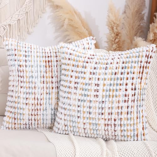 LUOYEHK Boho Throw Pillow Covers 22x22 Inch Set of 2 Chenille Tufted Pillowcase Farmhouse Neutral Cushion Covers for Couch Sofa Bed Living Room, Orange White