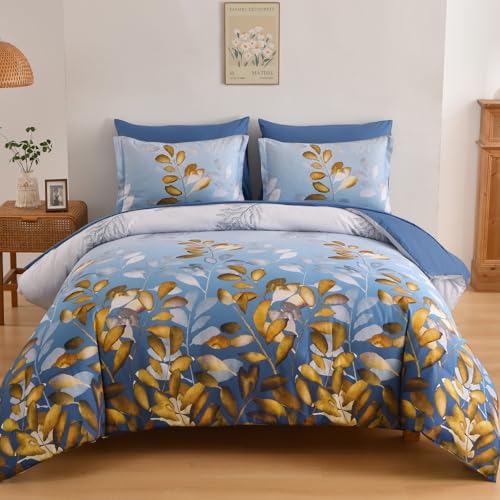 Anibedding Botanical Queen Comforter Set, Blue Gold Gradient Leaves - 7 Piece, Ultra Soft Microfiber, Down Alternative, Includes Sheets & Pillowcase, All Season