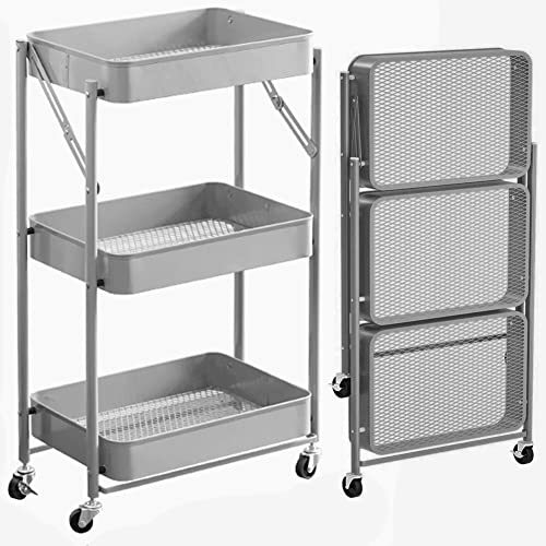 BAKAJI Folding Kitchen Trolley with 3 Shelves Baskets 4 Wheels 360 Degree Swivel with Integrated Metal Brake Space-Saving Serving Trolley Dimensions 29 x 40 x 76 cm (Grey)