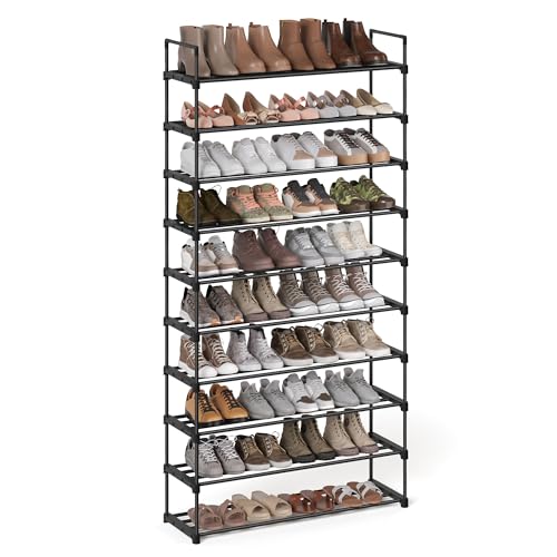 SONGMICS Shoe Rack, 10-Tier Metal Shoe Storage Organiser, Customisable Design, Metal Frame, Space-Saving Rack, for Dressing Room, Hallway, 30 x 94 x 206 cm, Black LSA10BK