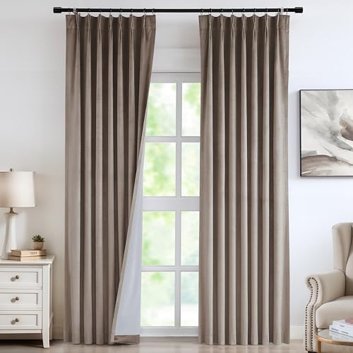 "Vision Home Mocha Tan Velvet Pinch Pleated Blackout Curtains 95% Room Darkening Window Curtains 102 inch for Living Room Bedroom Thermal Insulated Velvet Pleat Drapes Pin Hooks 2 Panels 40"" Wx102 L"