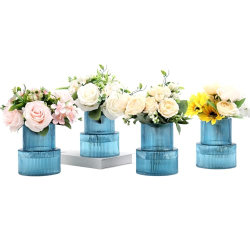 YANWE1 Ribbed Glass Vases, Set of 4 Small Vases for Flowers, Blue Glass Vase for Tulips, Modern Vase for Living Room, Kitchen, Office, Entryway, Bookshelf, Wedding Gifts, Birthday, 6 Inches