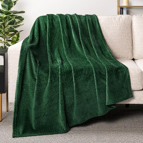 PAVILIA Soft Fleece Forest Green Throw Blanket for Couch, Lightweight Plush Warm Blankets for Bed, Fuzzy Cozy Flannel Blanket Throw for Sofa, Travel, Jacquard Pattern, Emerald Green, 50x60 inch