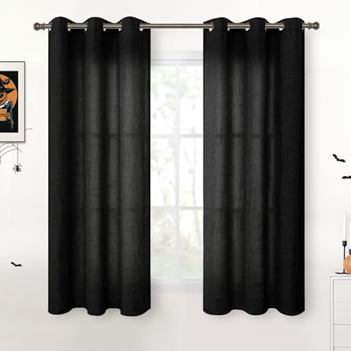 YoungsTex Black Linen Curtains 48 Inch Length for Short Windows, Small Semi Sheer Drapes with Bronze Grommet Light Filtering Privacy for Kitchen Bathroom, 42 x 48 Inch, 2 Panels
