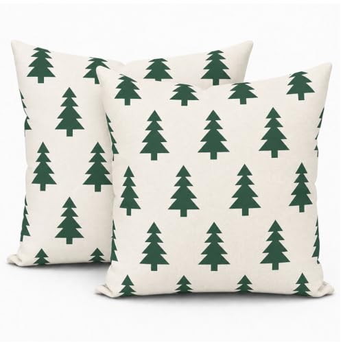HERHOME Green on Cream Christmas Tree Farmhouse Decorative Throw Pillow Covers 18 x 18 Set of 2, Outdoor Cushion Cases for Home Bed Couch Sofa XHP-281-18