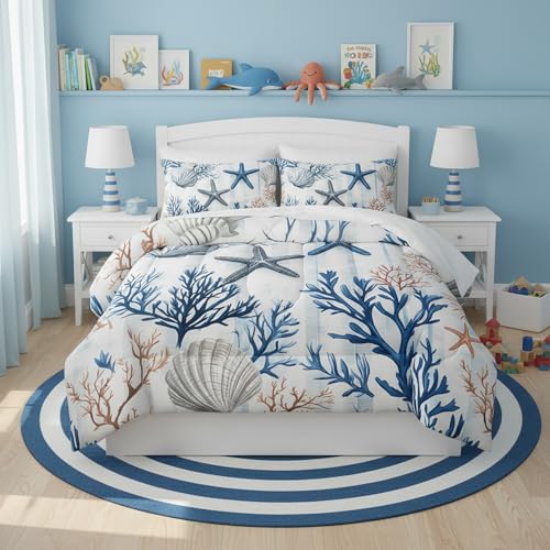 QOOMO Coastal 7 Pieces Comforter Set Full Size,Coral Starfish Bedding Set for Kids Teens Girls-Include 1 Comforter,1 Fitted Sheet,1 Flat Sheet,2 Printing Pillowcases and 2 Black Pillowcases