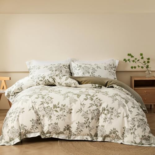 OAITE Queen Size Floral Duvet Cover Set 3-PC, 600 Thread Count, 100% Cotton, Breathable, Zipper Closure & Corner Ties