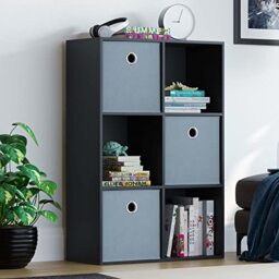Vida Designs Durham Cube Bookcase Storage Organiser Living Room Bookshelf Home Office Furniture (6 Cube & 3 Grey Baskets, Black)