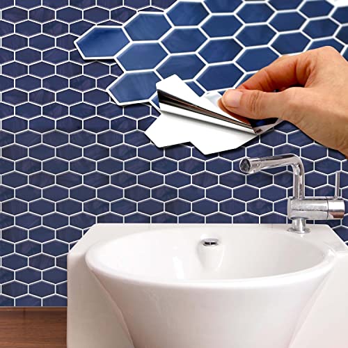 WALPLUS 28.5x14cm@12 pcs Shimmering Blue Honeycomb Hexa Wall Tile Sticker Backsplash Tile Paint Stick on Tiles Peel and Stick Self Adhesive Wall Tiles Stickers for Kitchen Bathroom Tile Transfer