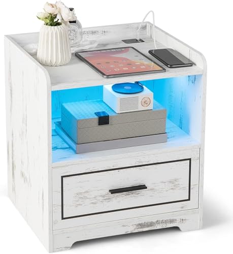 CASART Smart Bedside Table, LED Nightstand End Tables with USB Charging Station, Adjustable Luminance & Colors, Inductive Function, Narrow Accent Sofa Side Tables for Living Room Bedroom (1, White)