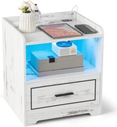 CASART Smart Bedside Table, LED Nightstand End Tables with USB Charging Station, Adjustable Luminance & Colors, Inductive Function, Narrow Accent Sofa Side Tables for Living Room Bedroom (1, White)