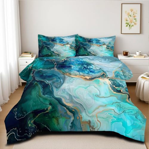 CCoutueChen Turquoise Marble Comforter Set King Size Teal Blue Abstract Bedding Set Women Men Modern Aesthetic Comforters 3 Piece Gold Marbling Art Bed Sets Soft Lightweight Microfiber Comforter Sets