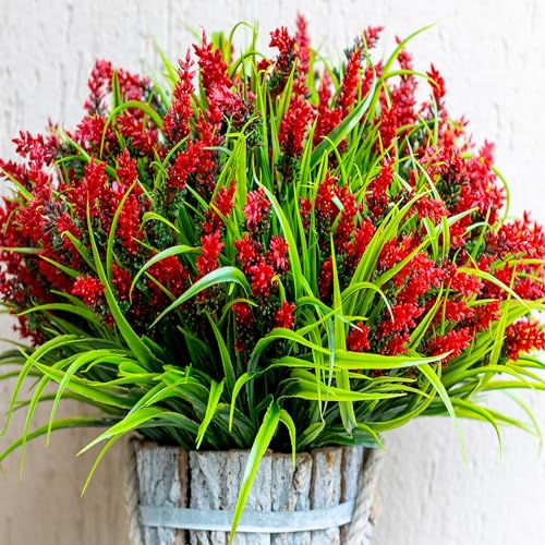 AXYLEX Artificial Lavender Outdoor, 20 Bundles Fake Plants (Red) - UV resistant faux red lavender & monkey grass, no fade ??? garden, patio, porch, window box & planter decor