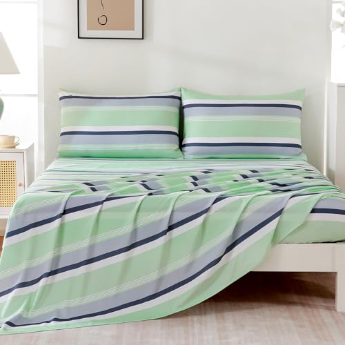 "MCO 4Pieces Striped Sheets Set, Breathable Full Sheet Set with 16"" Deep Pocket,Modern & Luxury, Brushed Microfiber Bedding Set(Full, Green Gray)"