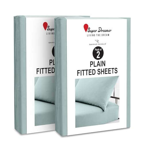 GC GAVENO CAVAILIA 2 Pack Fitted Sheet Double - Deep Pocket 25cm - Microfiber Bed Sheet (137x193 cm) - Wrinkle & Fade Resistant - Elastic Corners - Breathable & Easycare Bottom Sheet - Duck Egg