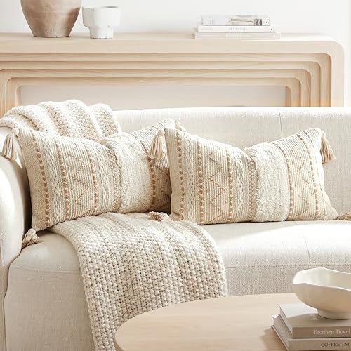 BlissBlush Decorative Lumbar Throw Pillow Cover 12x20 Combo Set of 2 Cream Neutral White Rectangular Boho Accent Pillowcase Farmhouse Cushion for Couch Sofa Bedroom Living Home D??cor Cover ONLY