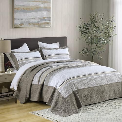 "FineStichery Oversized King Bedspread Quilt 128"" x 120"", 100% Cotton Lightweight Bed Spreads Coverlet Set Farmhouse Bedding Cover, 3 Piece, Brown/Gray/Beige"