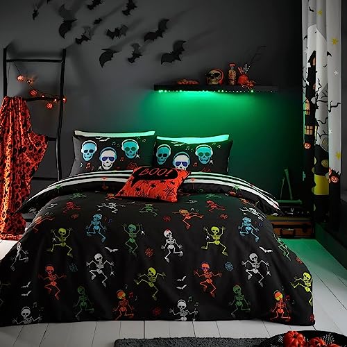 Bedlam Halloween Kids Duvet Cover Double – Glow-in-the-Dark Dancing Skeletons & Skulls – Black Reversible Bedding Set (200 x 200cm) – Spooky, Scary, Haunted Bedroom Decor