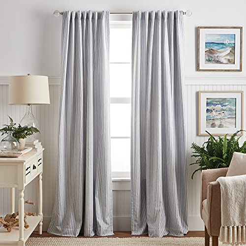 "Martha Stewart Ticking Stripe Blackout Lining Rod Pocket/Back Tab Window Curtain Panel Pair, 95"", White/Indigo"