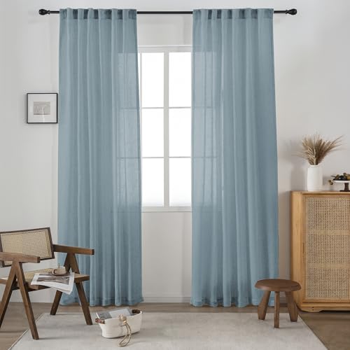 DUALIFE Dusty Blue Linen Semi Sheer Window Curtain 84 Inch Length Panels Drapes for Living Room Boho Rod Pocket Back Tab Long Curtains Set 2 for Farmhouse Decor Bedroom, 52 x 84