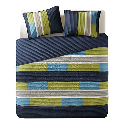 Comfort Spaces CS14-0861 2 Piece Quilt Coverlet Bedspread All Season Lightweight Hypoallergenic Pipeline Colorblock Kids Bedding Set, Twin/Twin XL, Pierre Navy/Blue Stripe