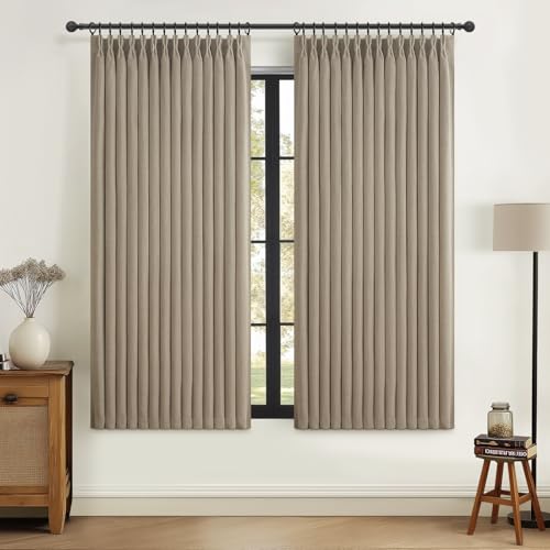 "PleatedDrapes Black Out Curtains 63 Inch Long for Kitchen Windows 2 Panels, Cream Beige Double Layer Thick Linen Short Bohemian Pinch Pleated Curtain Thermal Energy Efficient Cafe Mini Burg 40""Wx63""L"