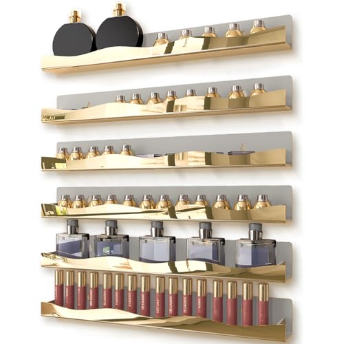 YMVV Mirror Gold Acrylic Nail Polish Rack, 15 Inch Wall Mounted Shelf Nail Polish Shelf, Sunglasses Essential Oil Storage Display Rack 6 Pack