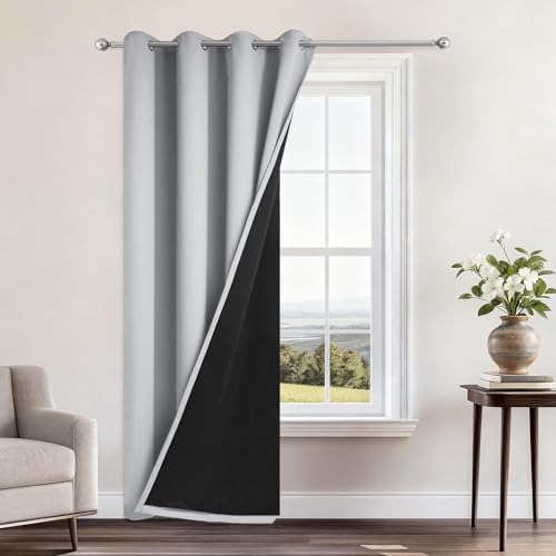 "Yakamok 100% Blackout Curtains 96 Inches Long, 2 Thick Layers Heat and Full Light Blocking Soft Thermal Insulated Drapes for Bedroom(52"" Wide Each Panel, Light Grey, 1 Panel)"