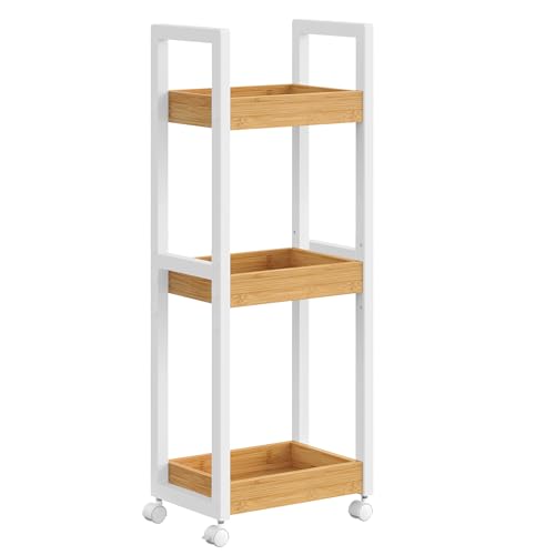 SONGMICS Small Shelf Storage Unit on Wheels, Bathroom Trolley, Slim Kitchen Shelf, 3-Tier Storage Caddy, Bamboo, Space-Saving, 20 x 30 x 80 cm, White and Natural BCB083N02