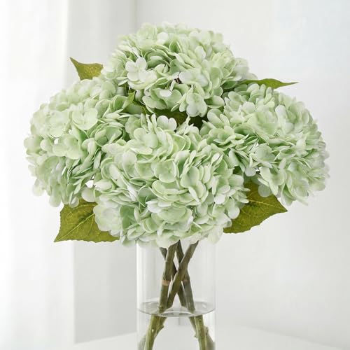 JPSOR 4pcs Green Hydrangea Artificial Flowers, 21in Real Touch Hydrangeas Flowers, Lifelike Fake Hydrangea Flower for Home Decor Party Floral Arrangements Wedding Bouquets Centerpieces